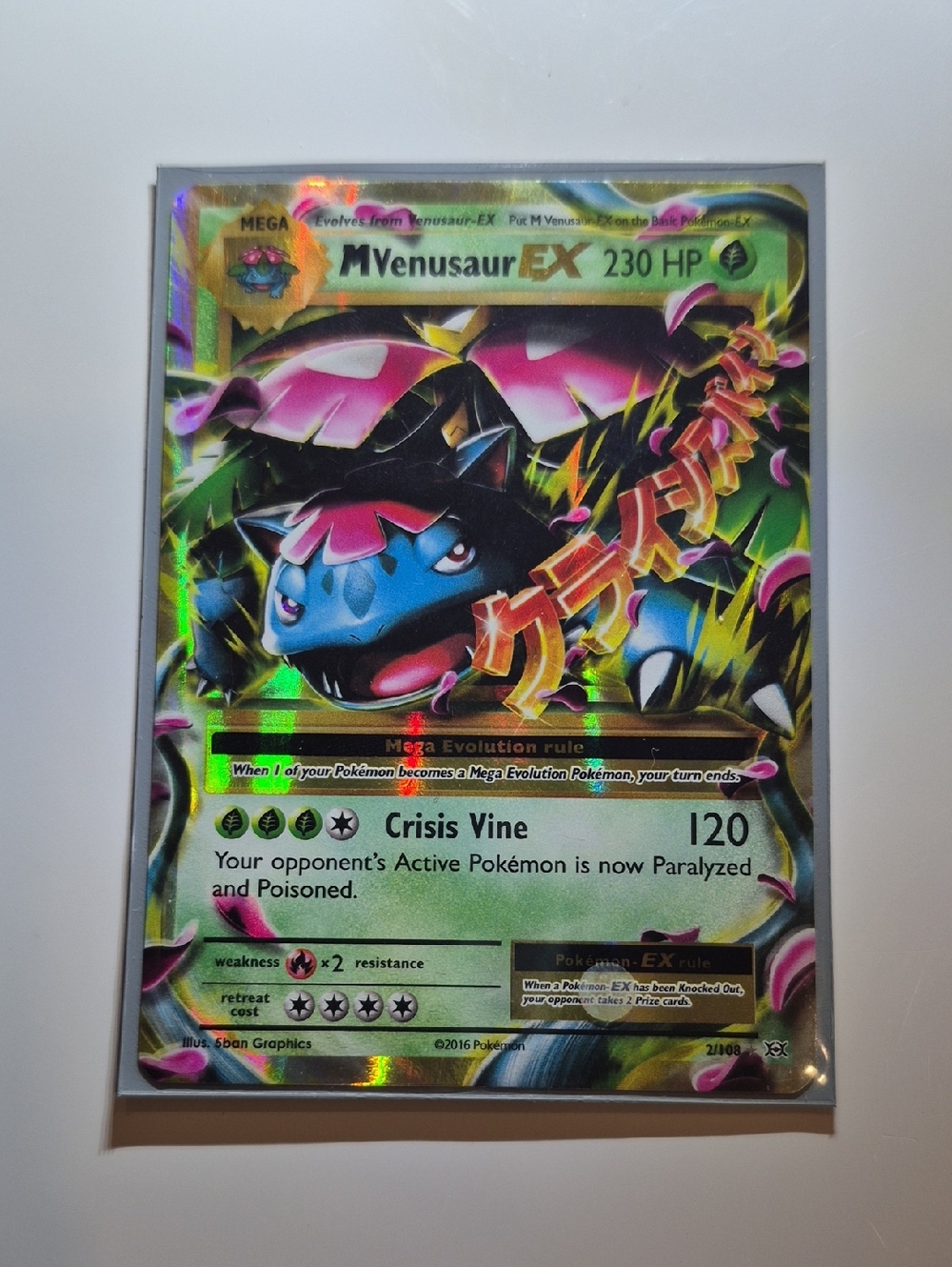 Pokemon Mega Venusaur EX Holographic Card - Green, Pink, Blue